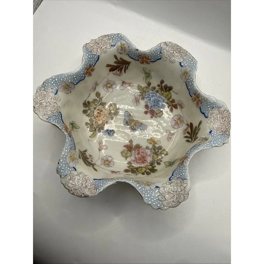 Vintage D&M NY Asian Style Porcelain Satsuma Cabbage Bowl Stamped Scalloped